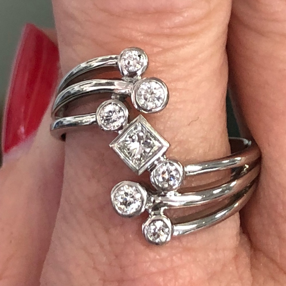 14k White Gold Genuine Diamond Knuckle Ring ~ Art Deco / Retro Cocktail Ring